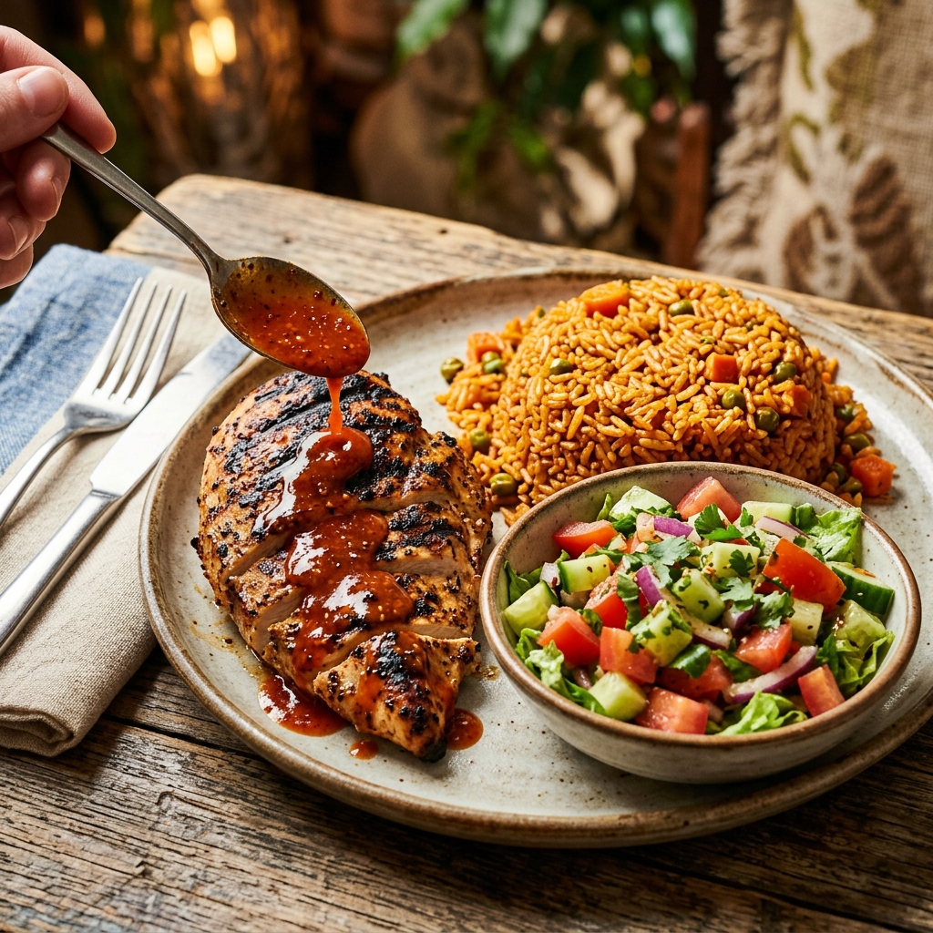 Plated grilled chicken and rice